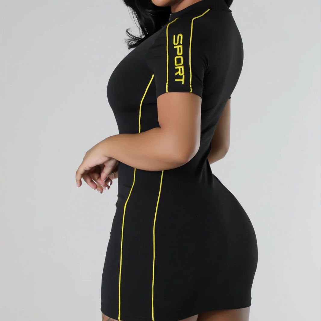 BamBam V-Neck Short-Sleeved Women's Fitted Zip Slim Waist Sports Bodycon Dress - BamBam Clothing