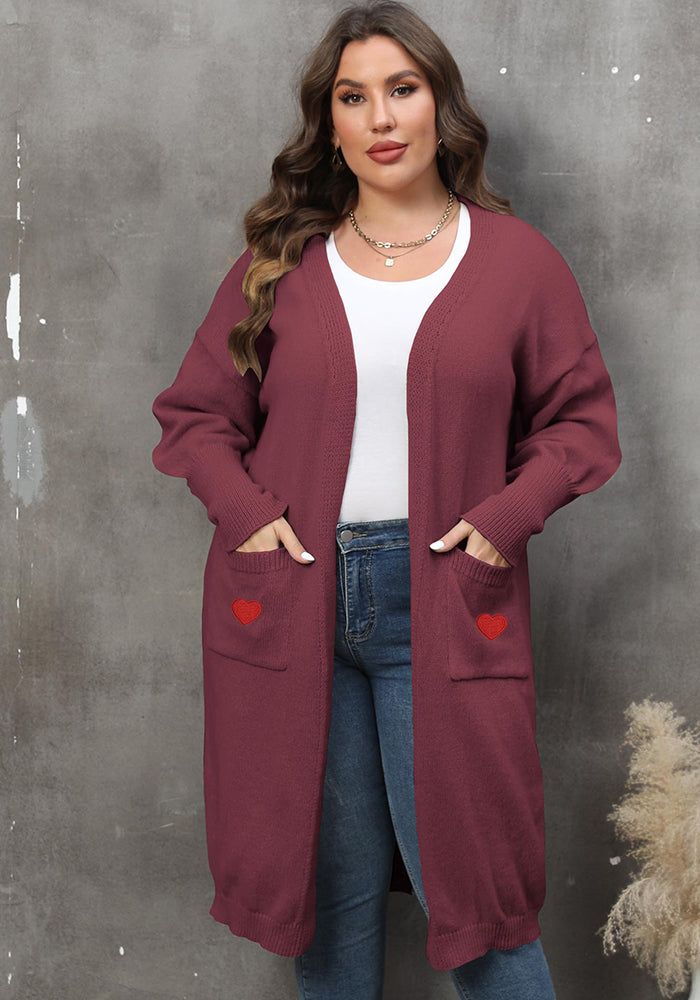 Women's Outerwear Plus Size Women's Sweater Heart Print Two Pocket Balloon Sleeve Sweater Cardigan