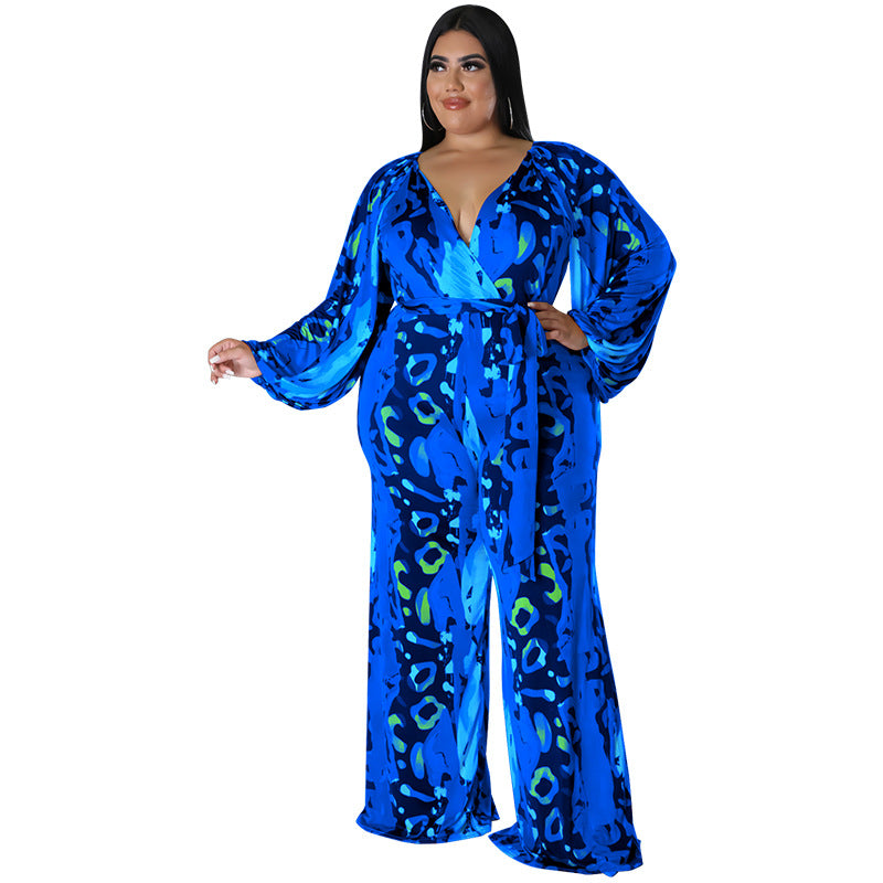 BamBam Plus Size Women Fall Print Sexy Off Shoulder Long Sleeve Jumpsuit - BamBam Clothing