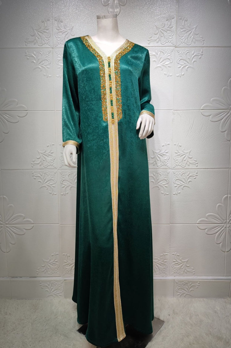 BamBam Arab Dubai Arab Middle East Turkey Morocco Islamic Clothing Kaftan Abaya Embroided Muslim Dress Green - BamBam