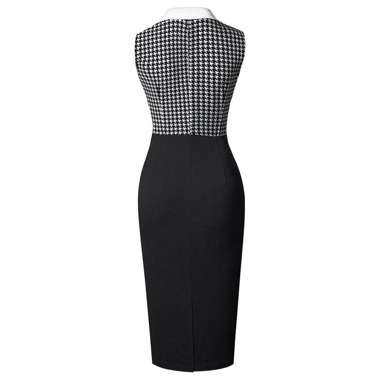 BamBam Houndstooth Patchwork Sleeveless Mid-Waist Polo Neck Bodycon Work Dress - BamBam