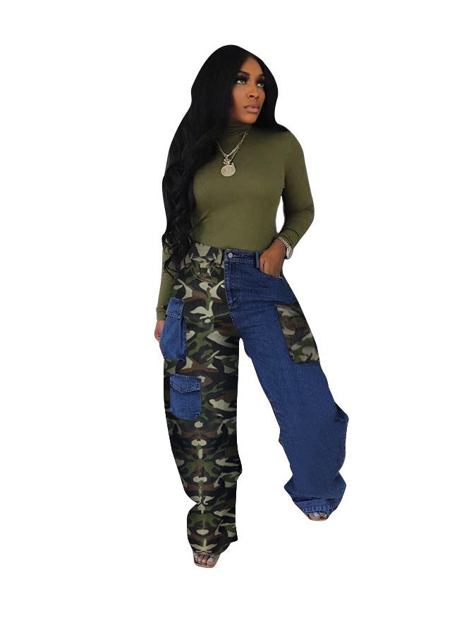 BamBam Women Denim Patchwork Camo Pocket Cargo Pants - BamBam