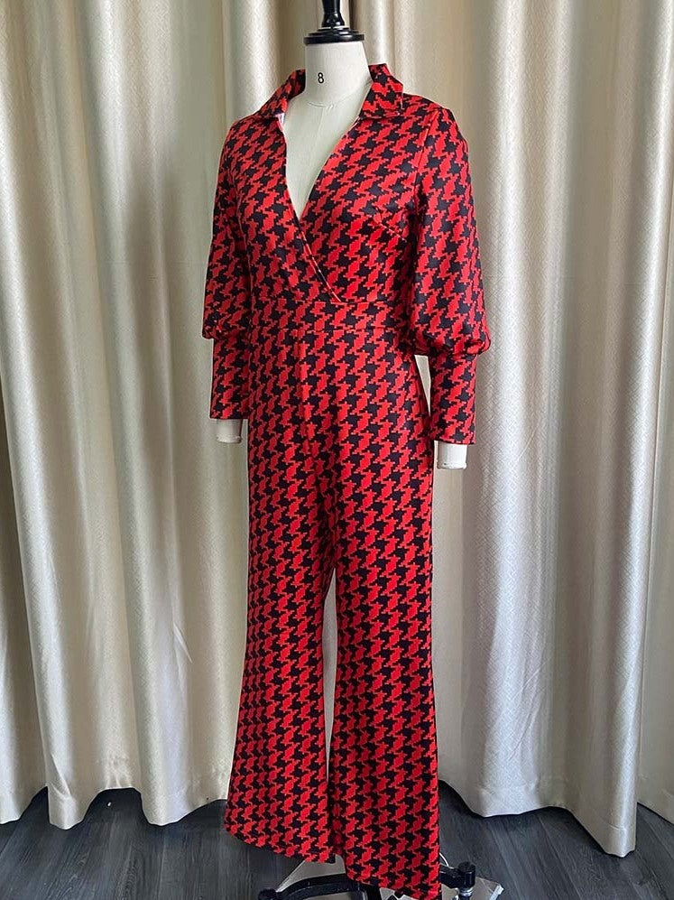 BamBam Spring Elegant Plus Size Red Plaid V-neck Puff Sleeve Loose Jumpsuit - BamBam Clothing