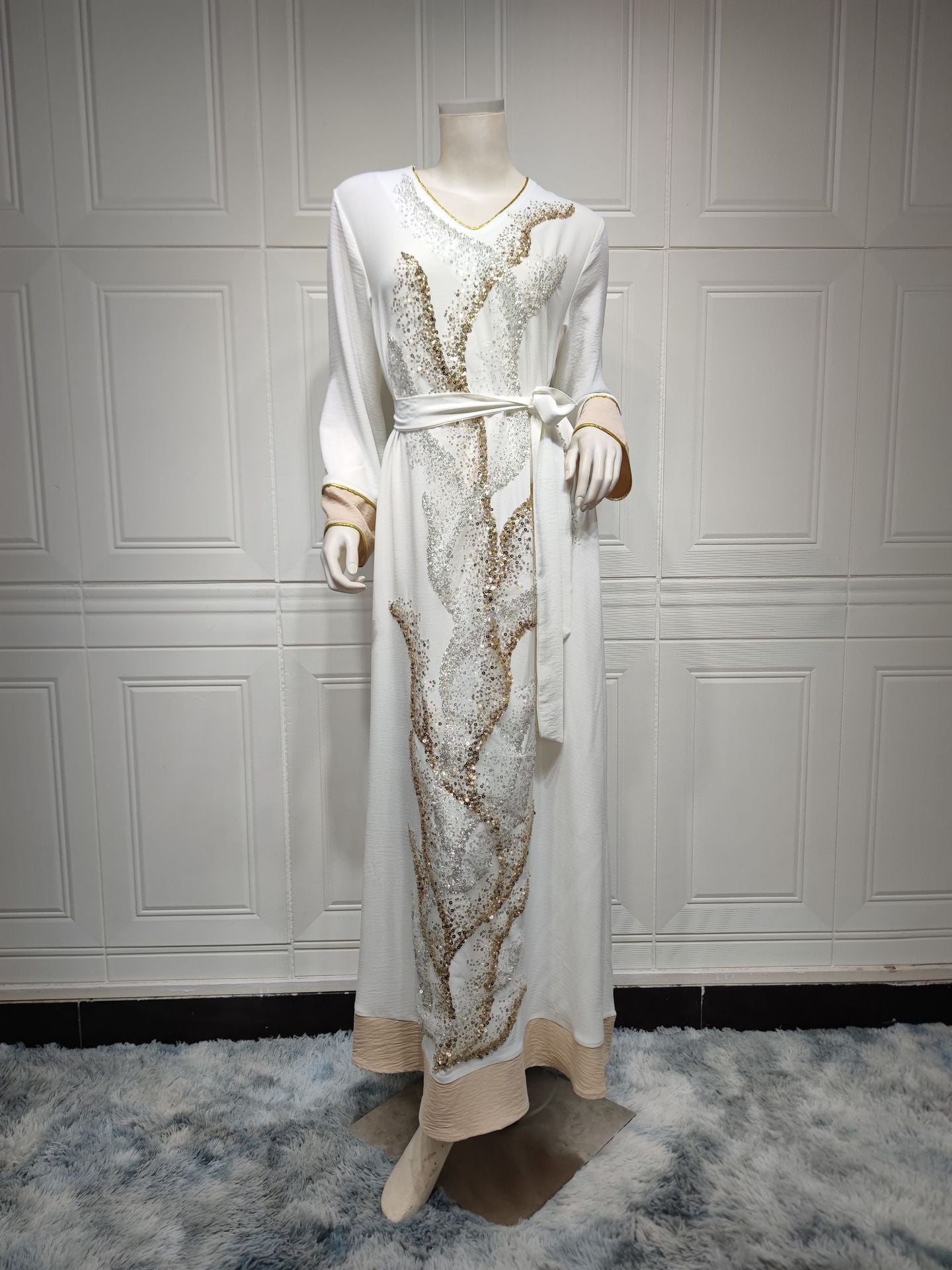 BamBam Muslim Robe Beaded Embroidery Fashion Abaya Arab Ladies Home Casual Dress - BamBam