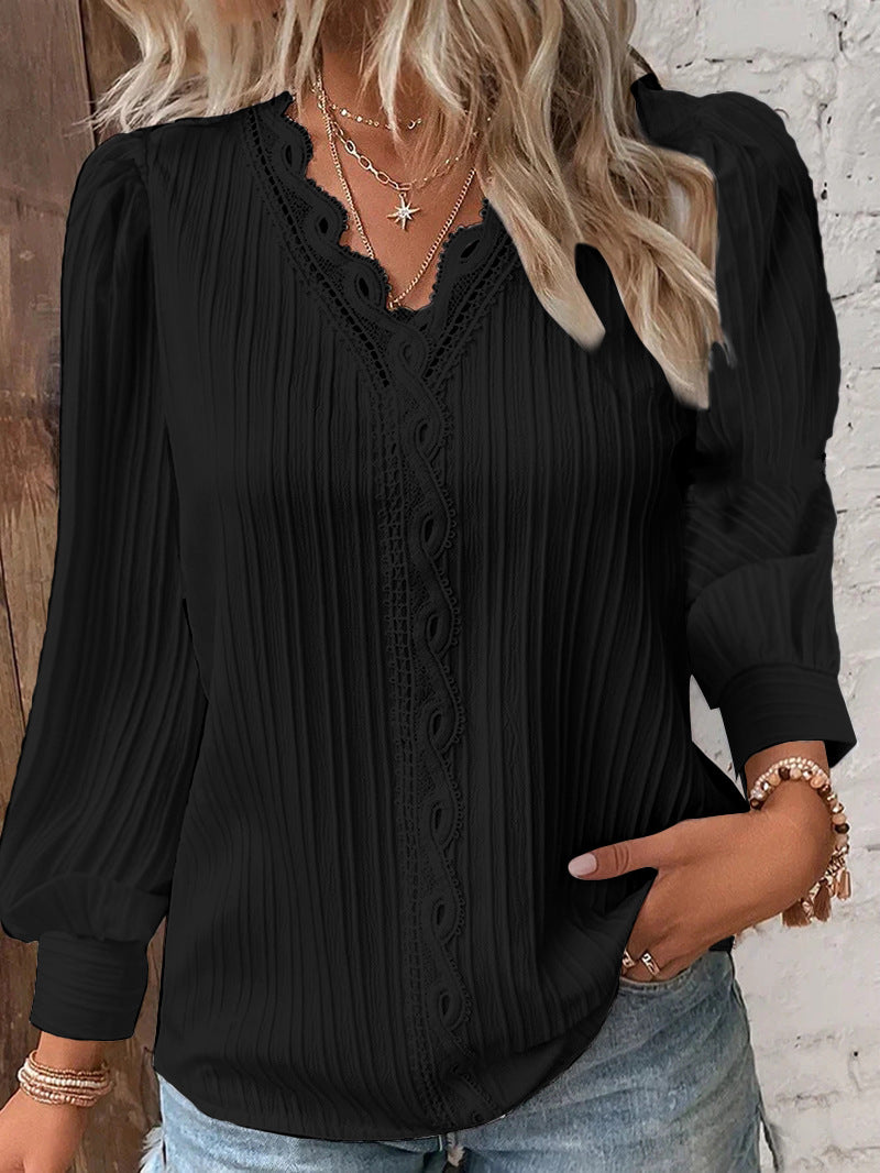 BamBam Women Autumn Long Sleeve V Neck Lace Shirt - BamBam