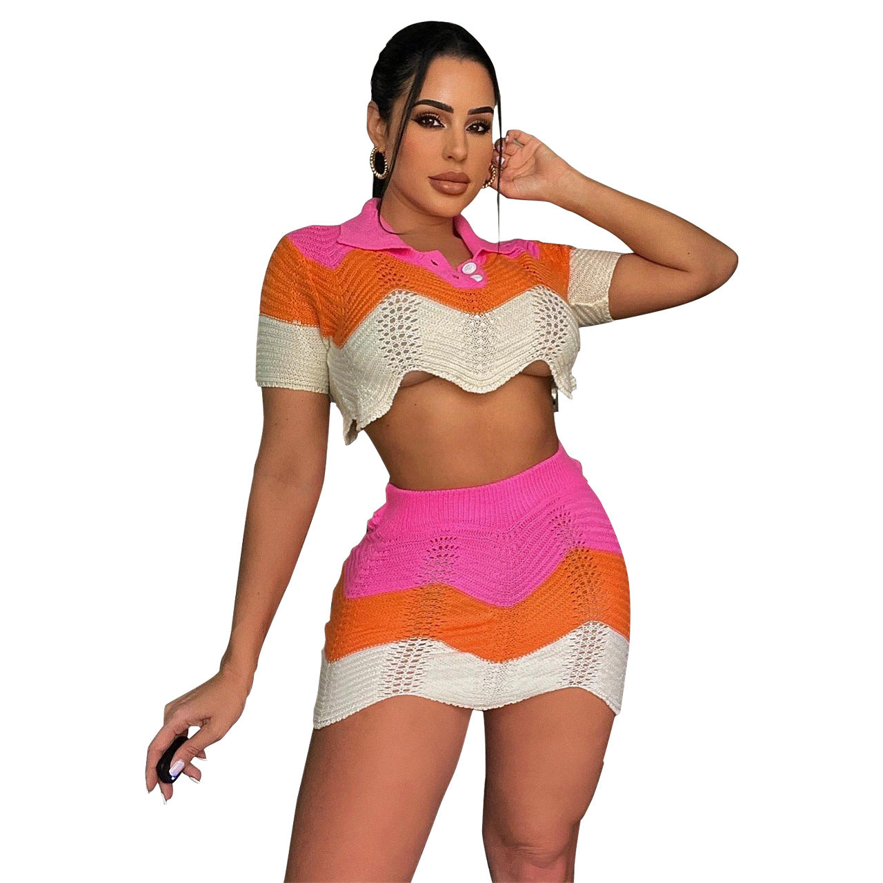 BamBam Women Kintting Colorblock Crop Top and Skrit Two-piece Set - BamBam