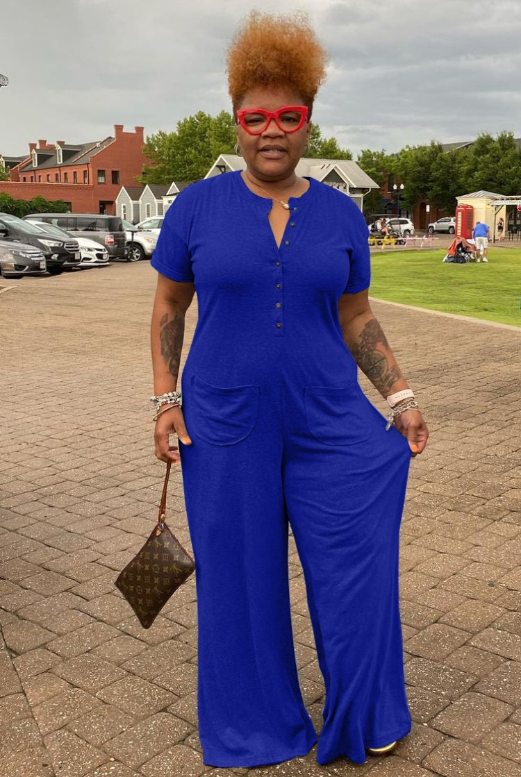 BamBam Women Summer Blue Casual O-Neck Short Sleeves Solid Pockets Full Length Loose Plus Size Jumpsuit - BamBam Clothing