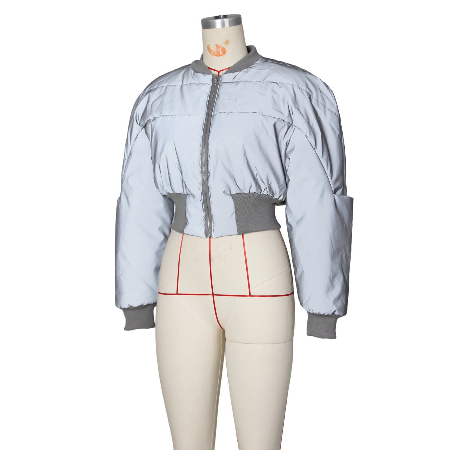BamBam Women Round Neck Long Sleeve Zip Waist Reflective Padded Jacket - BamBam