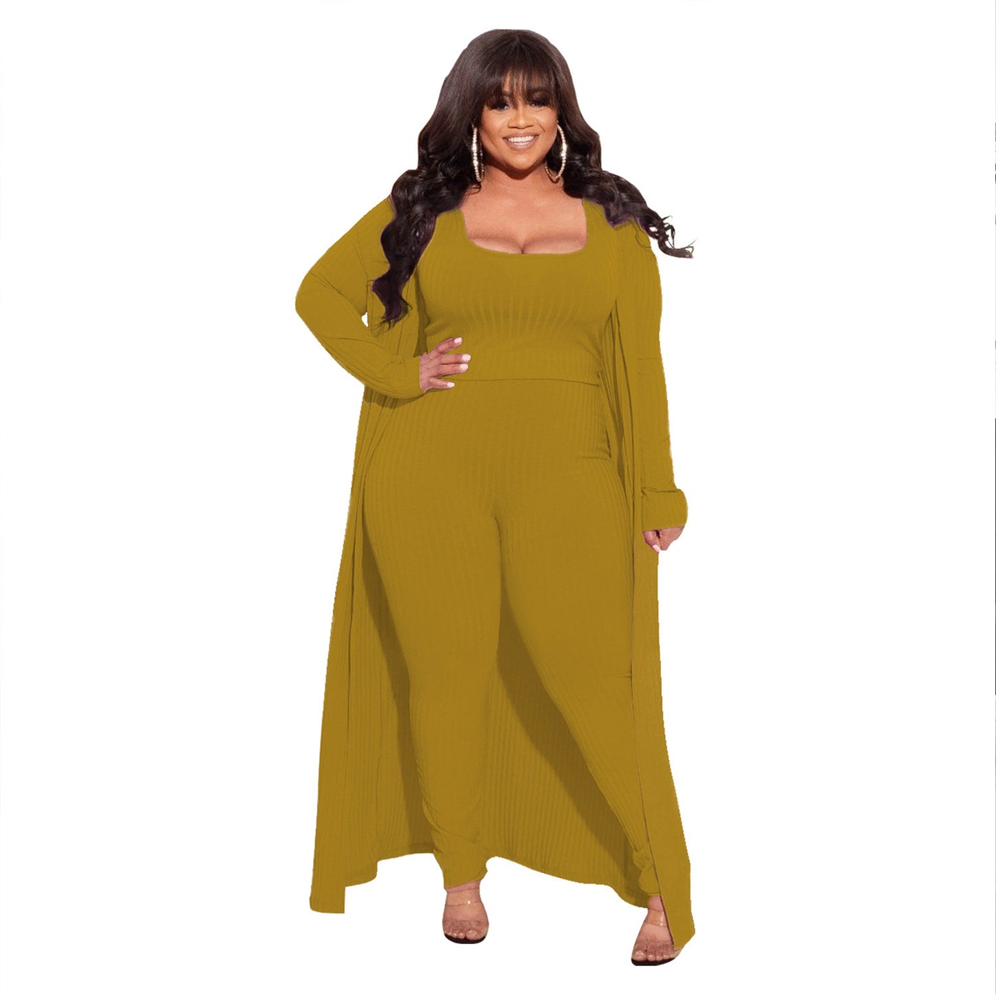 BamBam Autumn And Winter High Stretch Ribbed Three-Piece Plus Size Fashionable And Sexy Pants Set - BamBam
