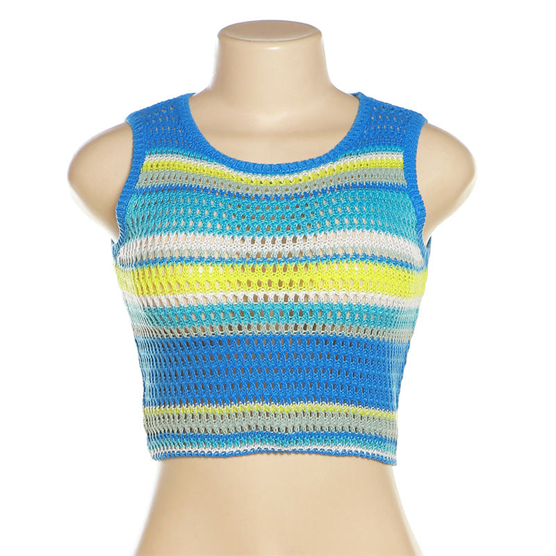 BamBam Summer Women Casual Contrast Stripe Round Neck Sleeveless crop Top - BamBam