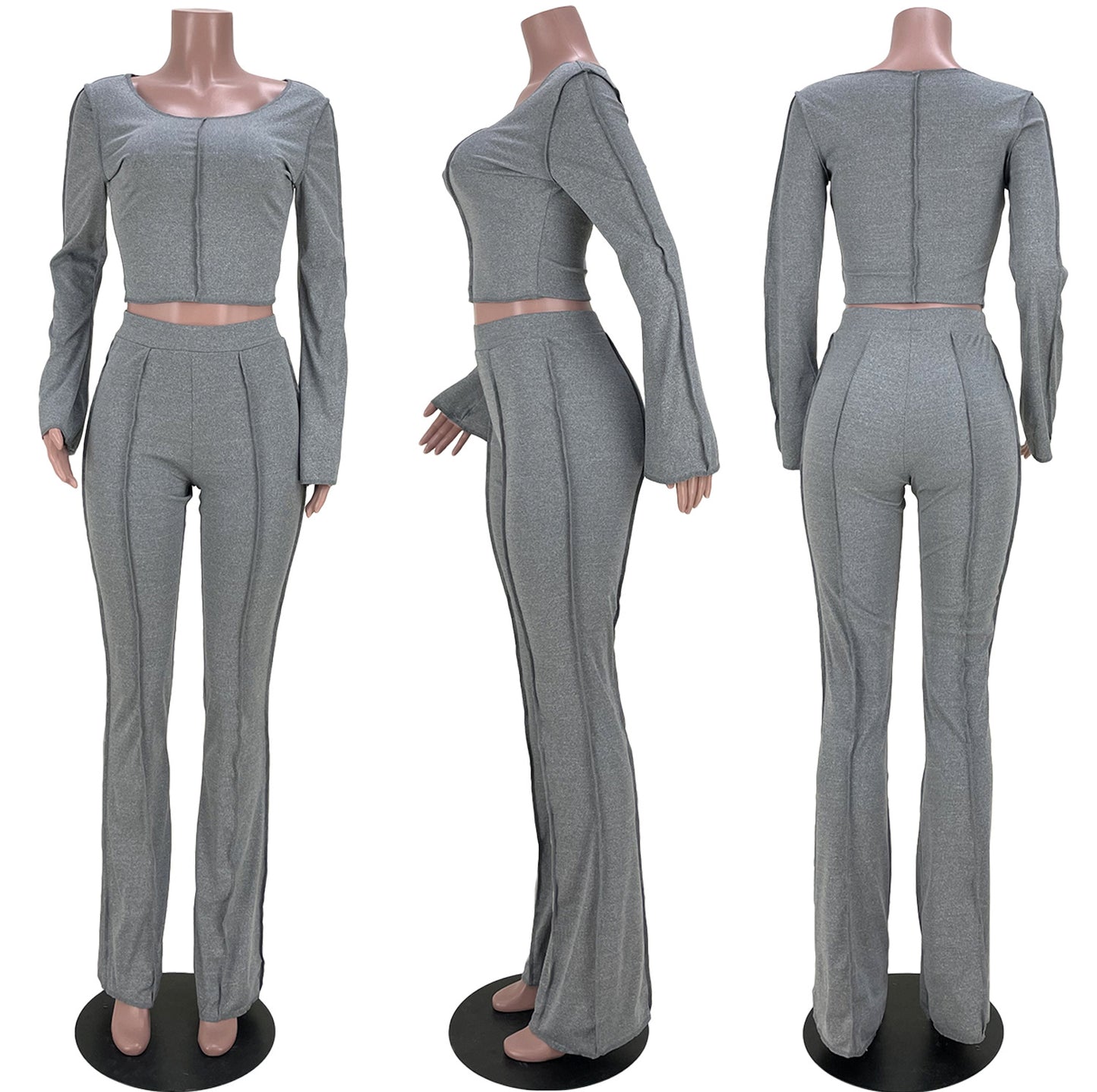 BamBam Women Ribbed Long Sleeve Top and Bell Bottom Pants Casual Two Piece Set - BamBam