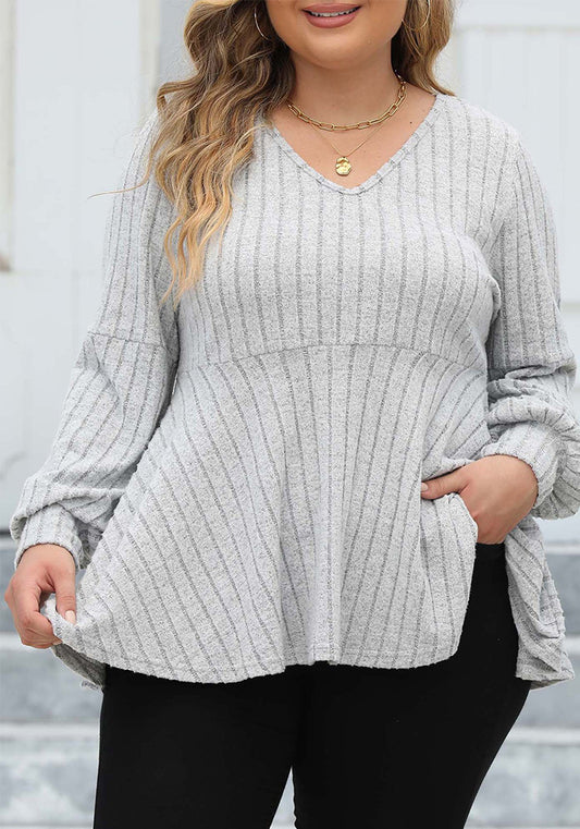 Women's Plus Size Tops Spring And Autumn V-Neck Ribbed Lantern Sleeve T-Shirt Basic Shirt