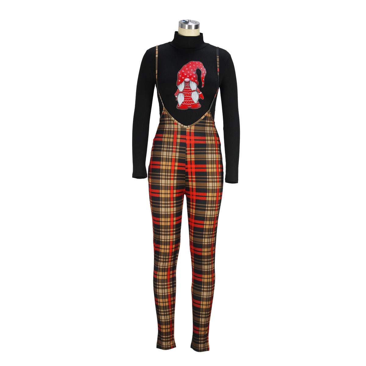 BamBam Women Casual Christmas Turtleneck Top and Plaid Overalls Two-Piece Set - BamBam