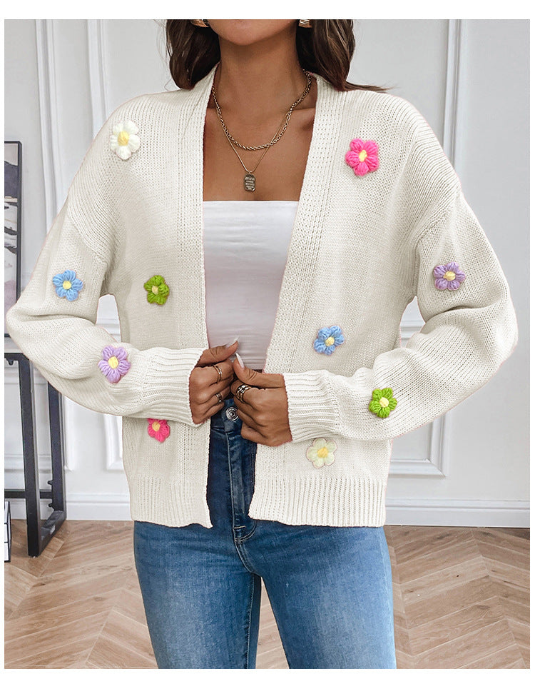 BamBam Flower Sweet Knitting Cardigan Sweater Jacket For Women Lazy Style Casual Loose Sweater - BamBam