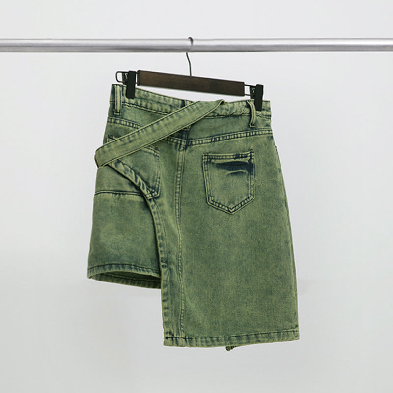 BamBam Trendy Belt Style Green Denim Skirt Women's Irregular Short Skirt - BamBam