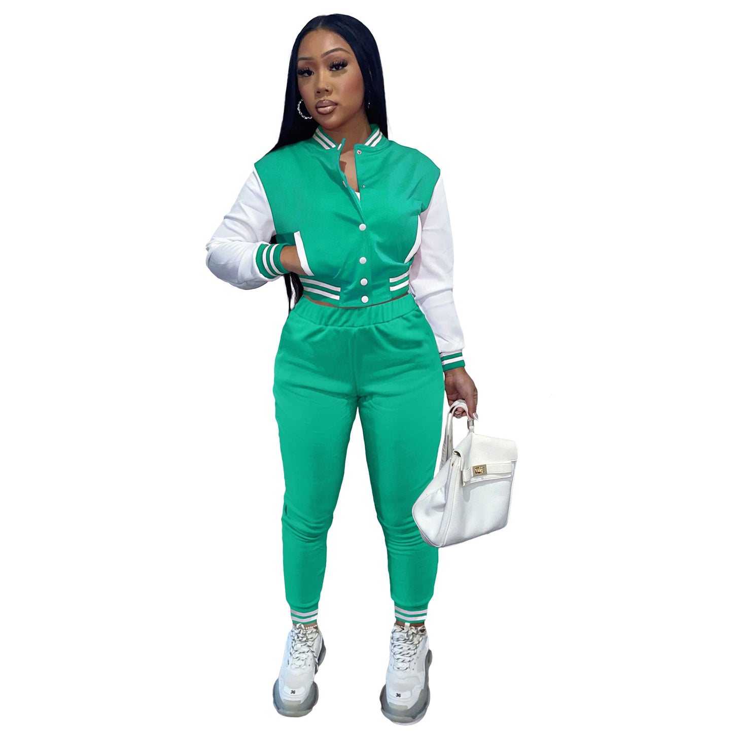 BamBam Women's Color Block Single Breasted Patchwork Long Sleeve Baseball Jersey Pants Two Piece Set For Women - BamBam