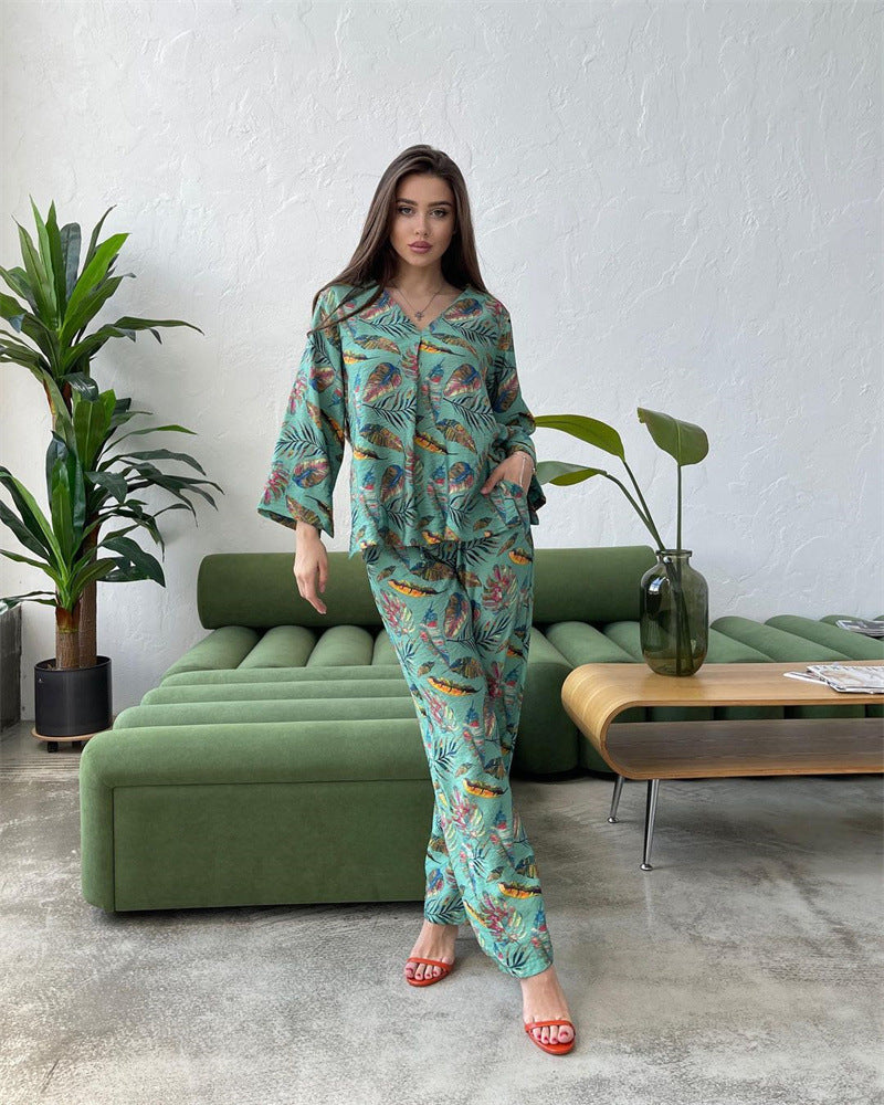 BamBam Women's Suit Autumn Style Fashionable Bright Printed Loose Long Sleeve Straight Pants Two Piece Set - BamBam