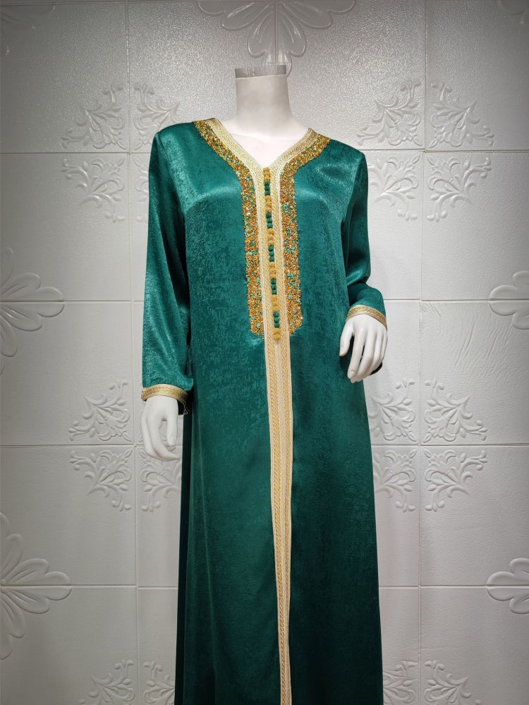 BamBam Arab Dubai Arab Middle East Turkey Morocco Islamic Clothing Kaftan Abaya Embroided Muslim Dress Green - BamBam