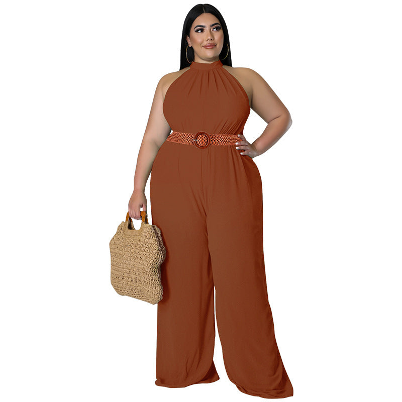 BamBam Plus Size Women's Casual Solid Color Belted Jumpsuit - BamBam Clothing