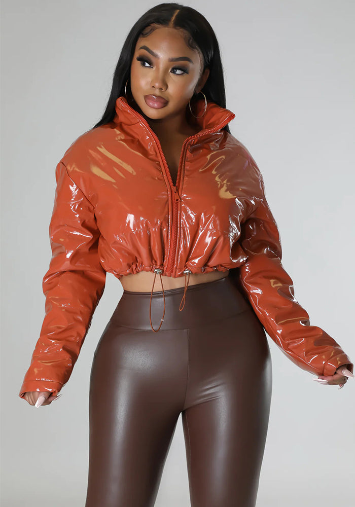 Women Long Sleeve Bright Metallic Padded Crop Jacket