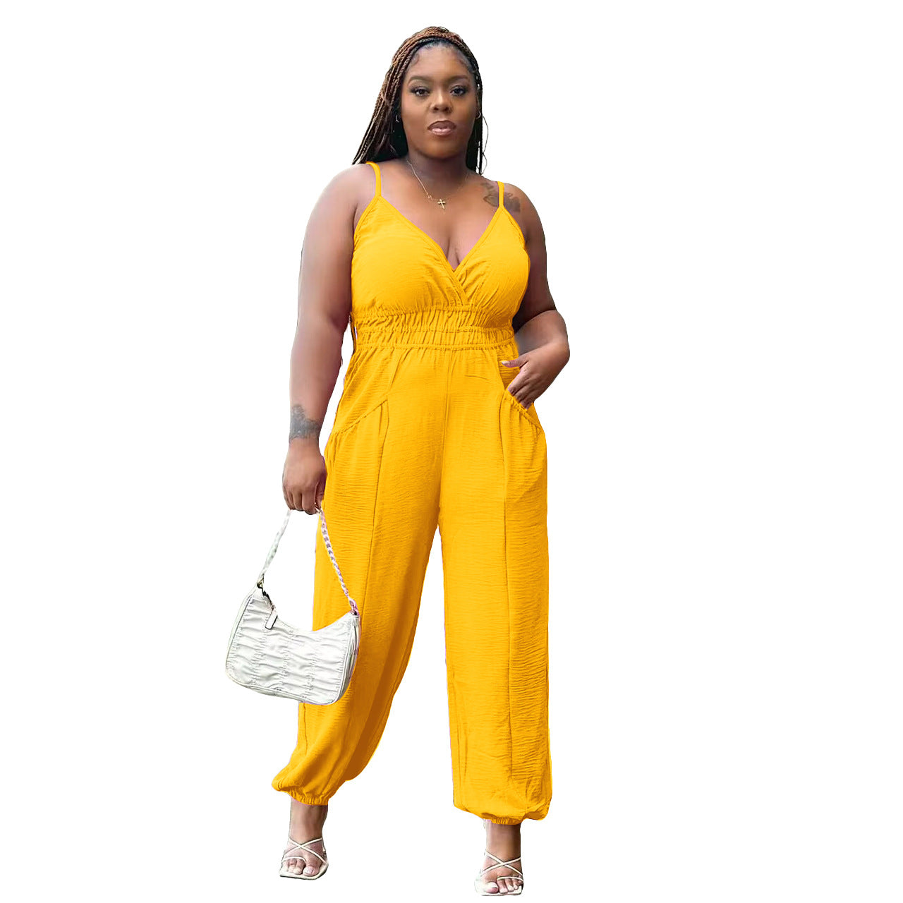 BamBam Women'S Straps V-Neck Casual Plus Size Linen Jumpsuit - BamBam Clothing