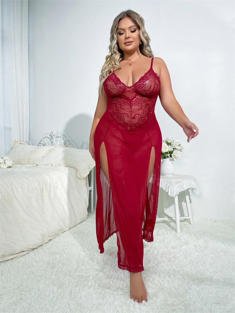 BamBam Sexy Deep V Neck Mesh Straps Nightdress Solid Color Plus Size Low Back Sexy Pajamas - BamBam