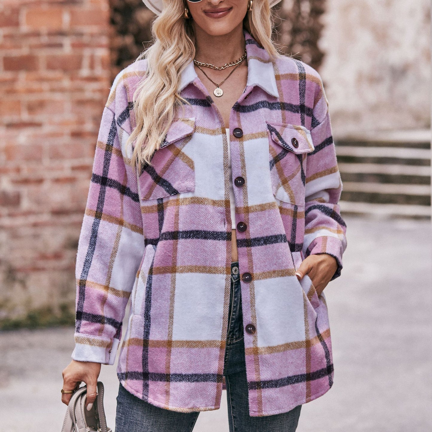 BamBam Women Casual Plaid Loose Pocket Shirt Jacket - BamBam