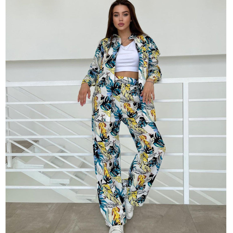 BamBam Autumn Fashion Floral Print Plus Size Loose Top High Waisted Wide Leg Pants Women Casual Suit - BamBam