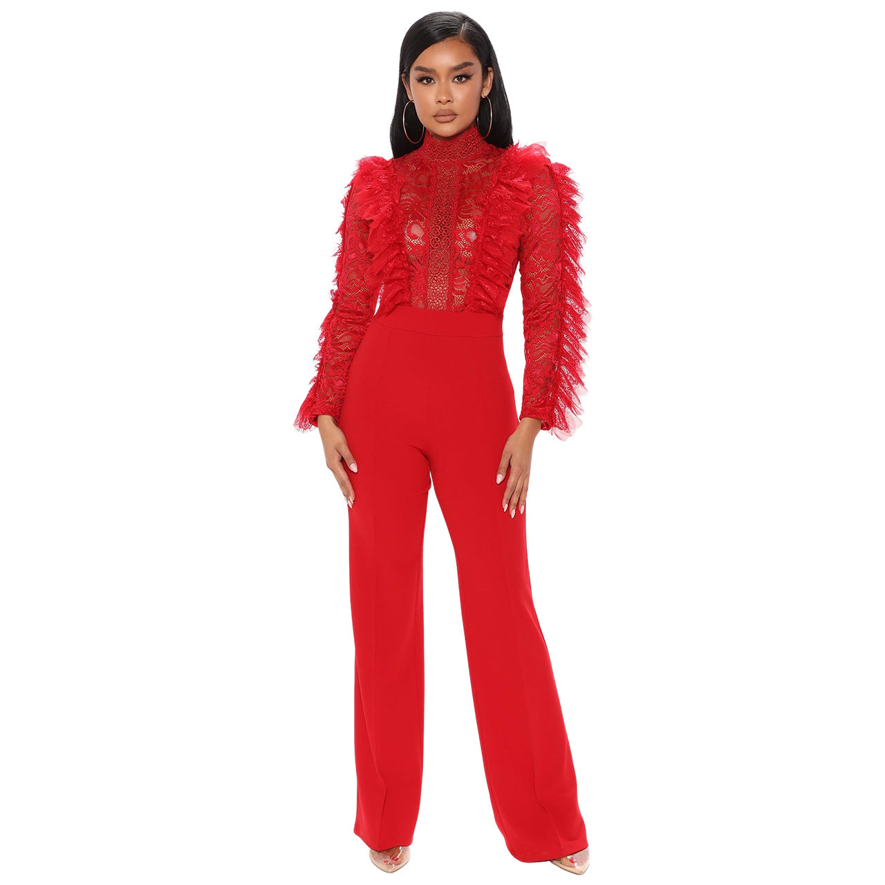 BamBam Women's autumn and winter lace fringed trousers See-Through sexy Jumpsuit - BamBam Clothing