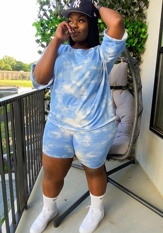 Plus Size Women's Casual Tie Dye Printed Two Piece Shorts Set For Women