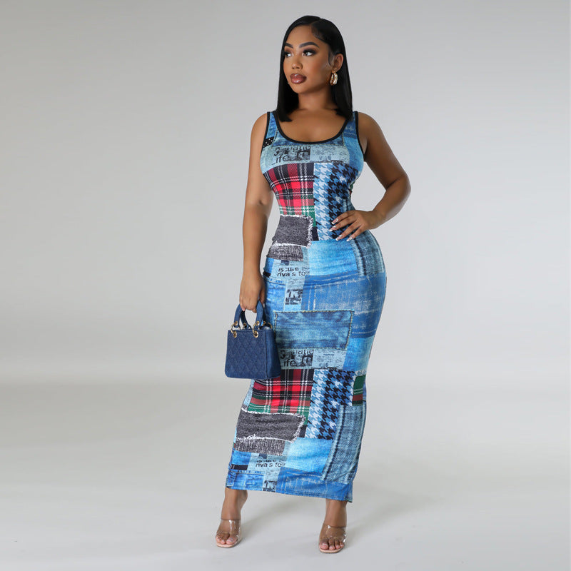 BamBam Casual Fashion Print Street Low Back Women's Long Dress - BamBam Clothing