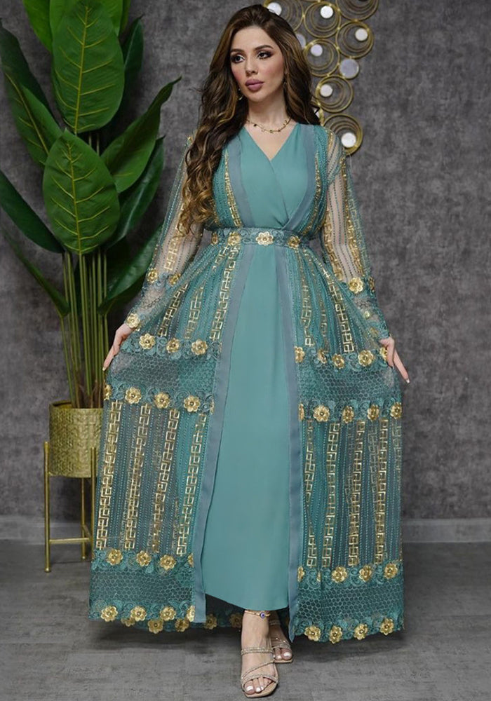 Embroidered mesh jacket with chiffon sundress suit kaftan dress