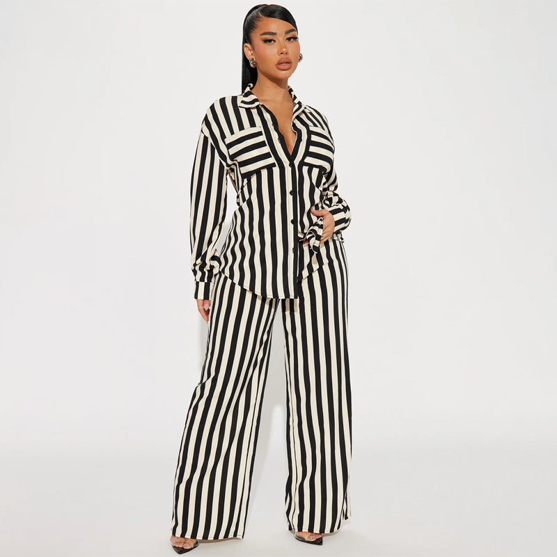 BamBam Women's Two Piece Fashion Casual Striped Button-Up Shirt Pants Two Piece Set - BamBam