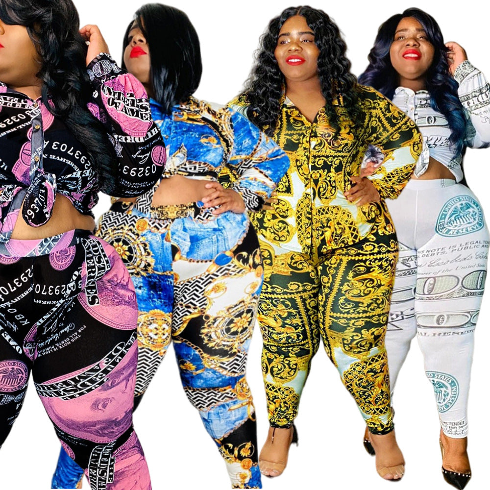 Plus Size Women Vintage Printed Long Sleeve Shirt + Pants Two-Piece Set