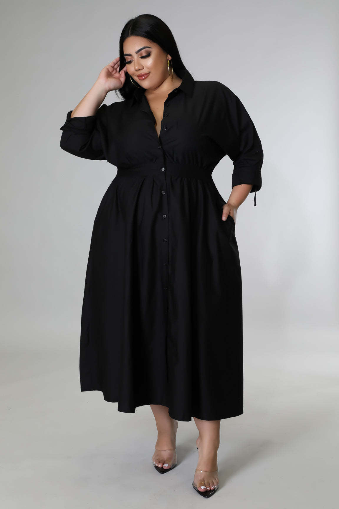 BamBam Plus Size Women's Solid Long Sleeve Shirt Dress - BamBam