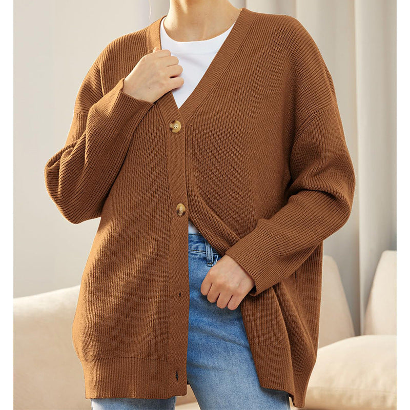 BamBam Knitting Cardigan Women's Button V-Neck Solid Color Sweater For Women - BamBam