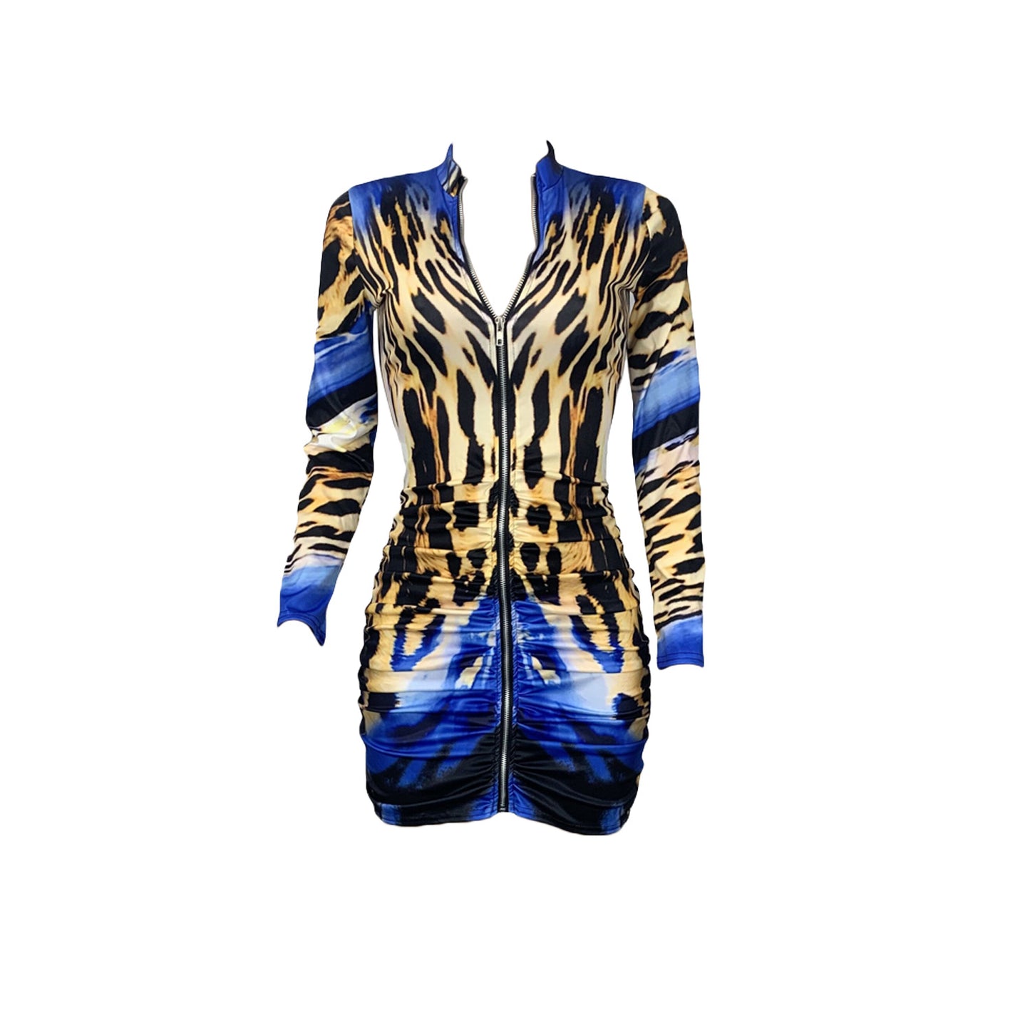 BamBam Women Autumn Leopard Print Pleated Sexy Long Sleeve Dress - BamBam Clothing