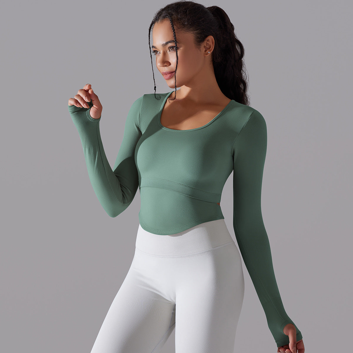 BamBam Seamless Knitting Solid Color Ribbed Sports Yoga Long-Sleeved Running Fitness Yoga Tops For Women - BamBam