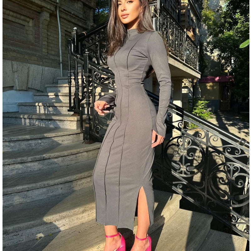 BamBam Autumn Fashion Solid Color Tight Fitting Long Sleeve Chic Knitting Women's Bodycon Dress - BamBam