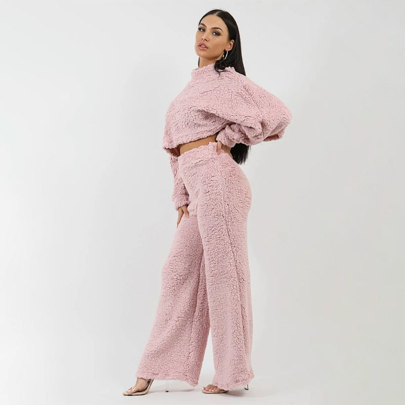 BamBam Women Casual Lounge Clothes Loose Sherpa Long Sleeve Top and Pant Two-piece Set - BamBam