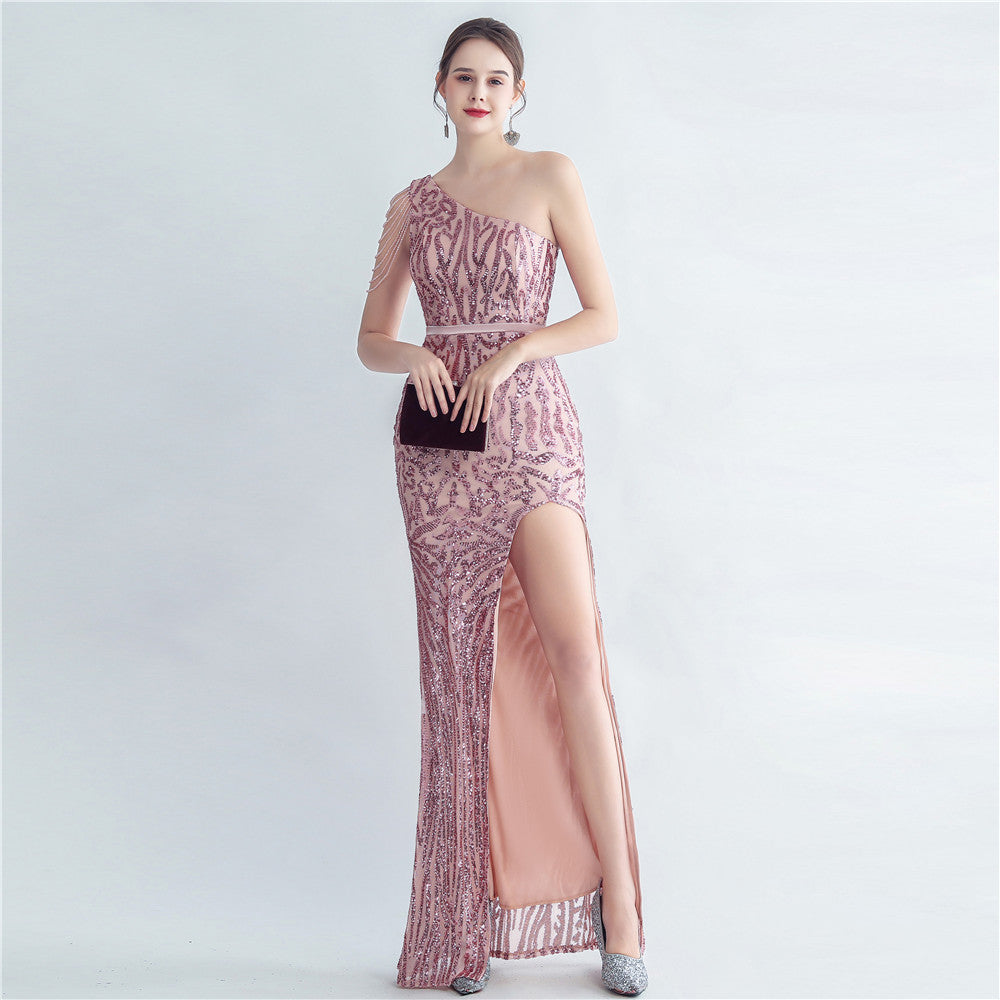 BamBam Sequin Slash Shoulder Beaded Mermaid Evening Gown - BamBam Clothing