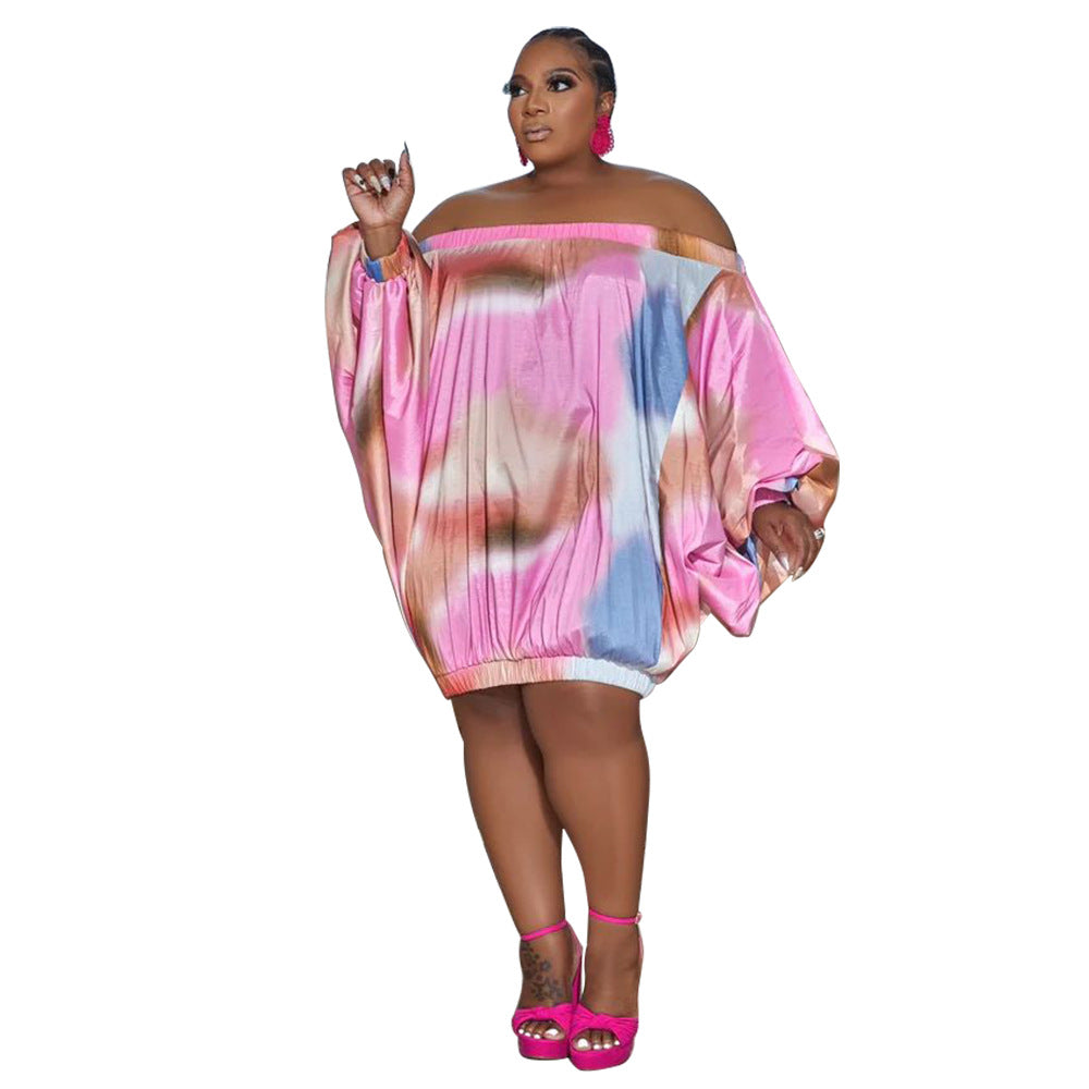 BamBam Plus Size Women's Loose Puff Sleeve Off Shoulder Printed Dress - BamBam