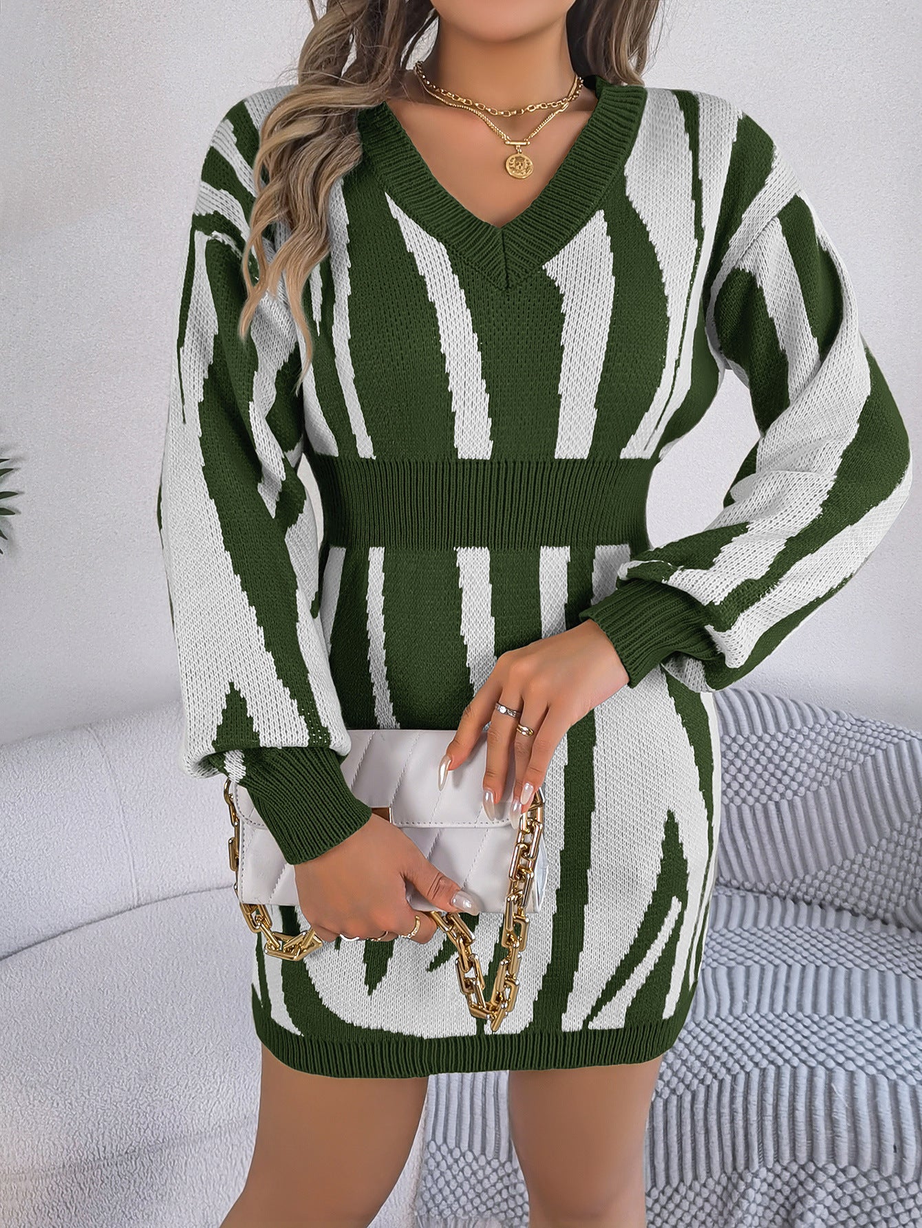 BamBam Women v-neck contrast zebra print long-sleeved Bodycon sweater dress - BamBam