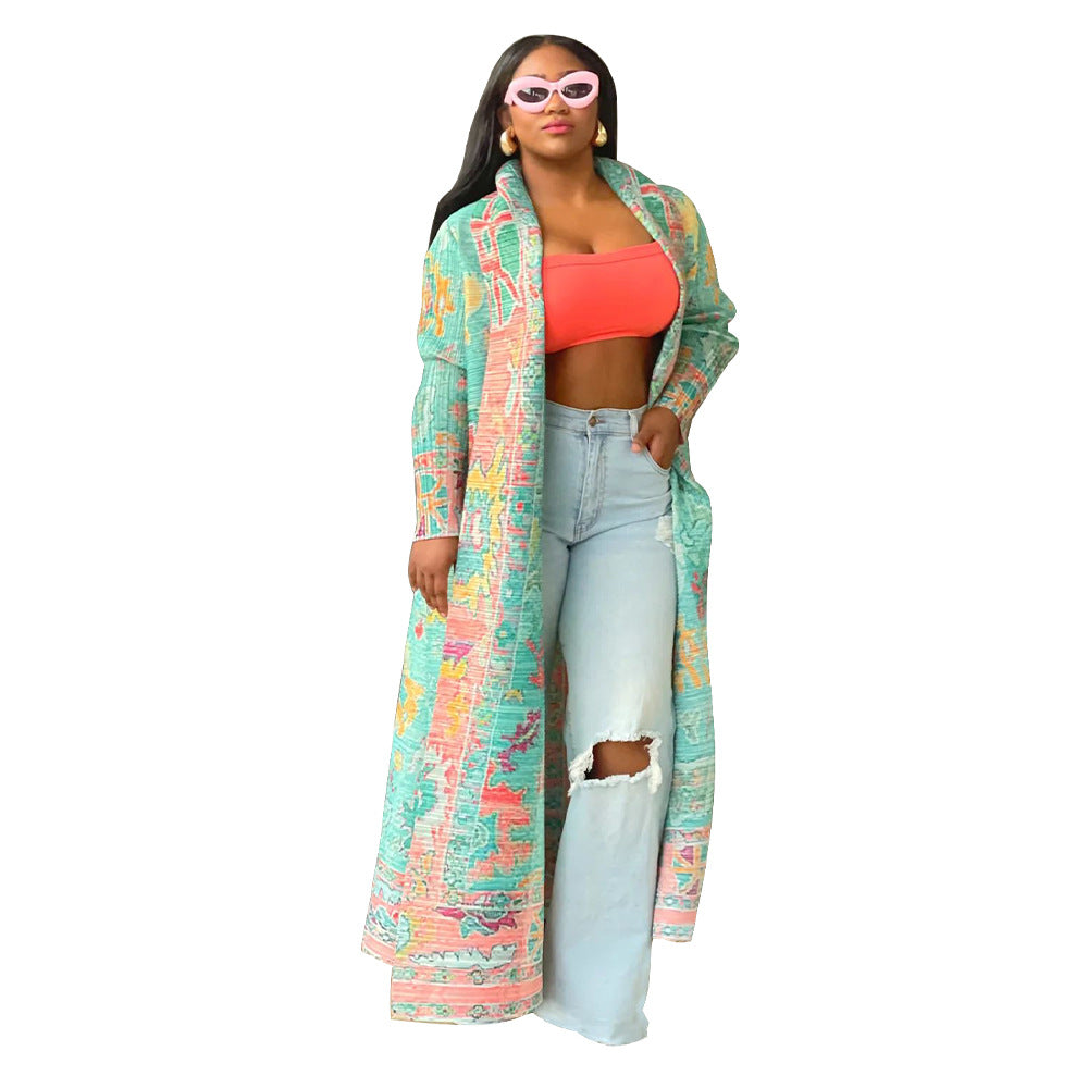 BamBam Pleated Printed Plus Size Windbreaker Long Coat For Women - BamBam