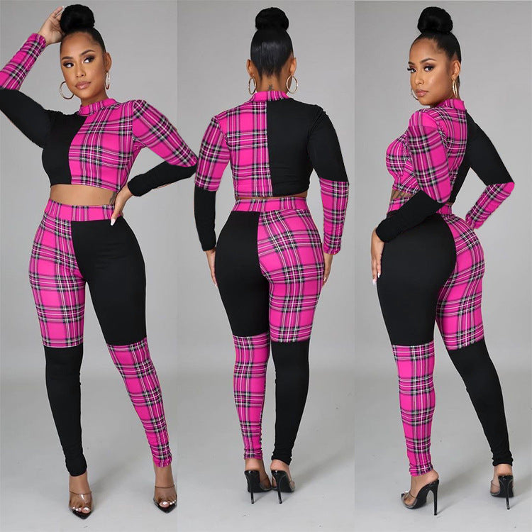 BamBam Women Sexy Plaid Color Block Top and Pant Two-piece Set - BamBam