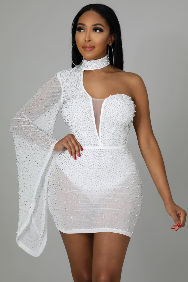 BamBam Fall Sexy White Beaded Choker One Shoulder Club Dress - BamBam Clothing Clothing