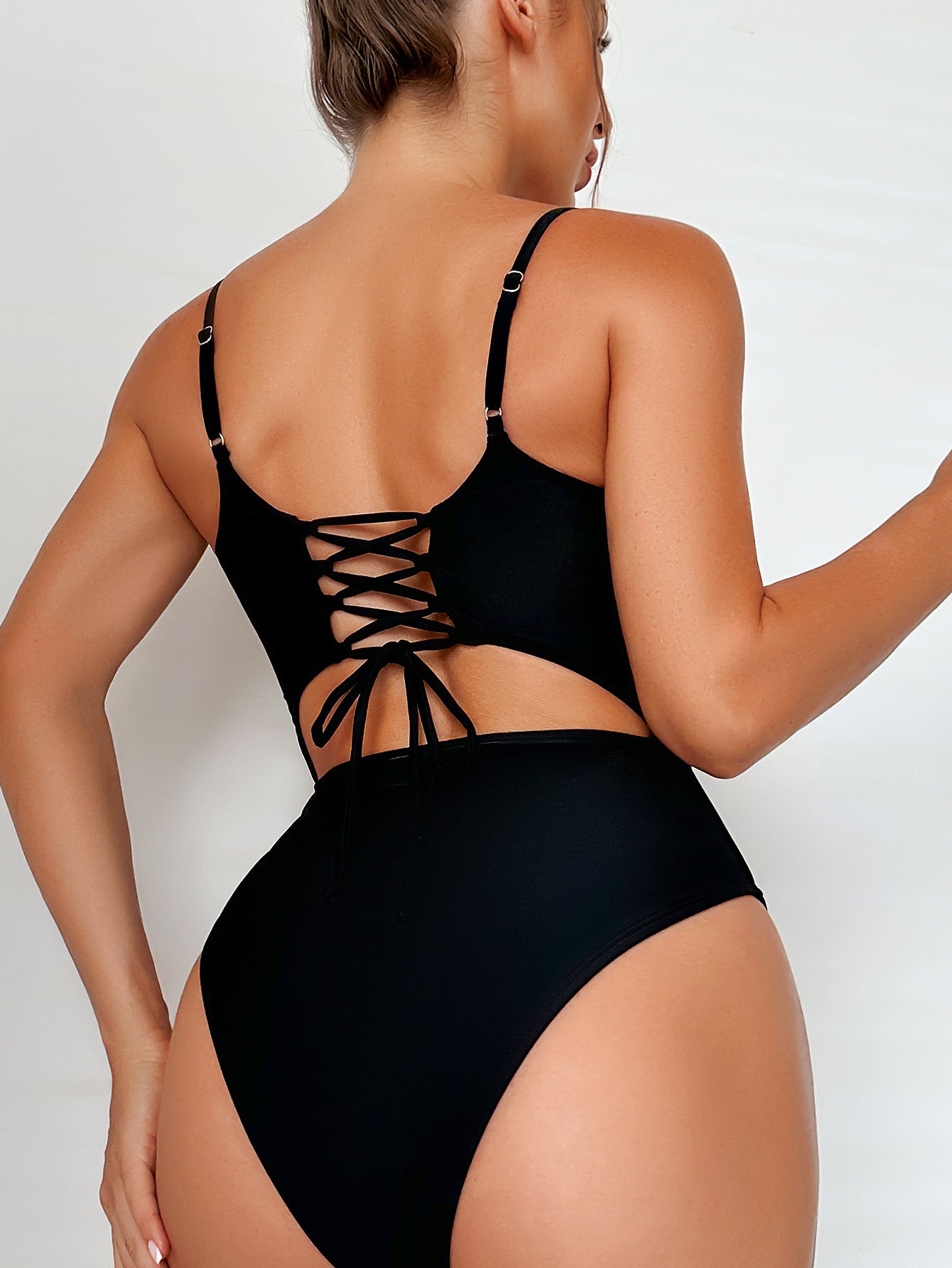 BamBam Solid Color Lace-Up Low Back One Piece Sexy Bikini Swimsuit - BamBam