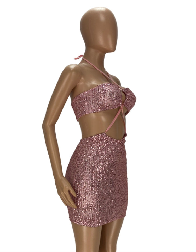 BamBam Summer Sexy Pink Sequins Backless Halter Sleeveless Midi Dress - BamBam Clothing