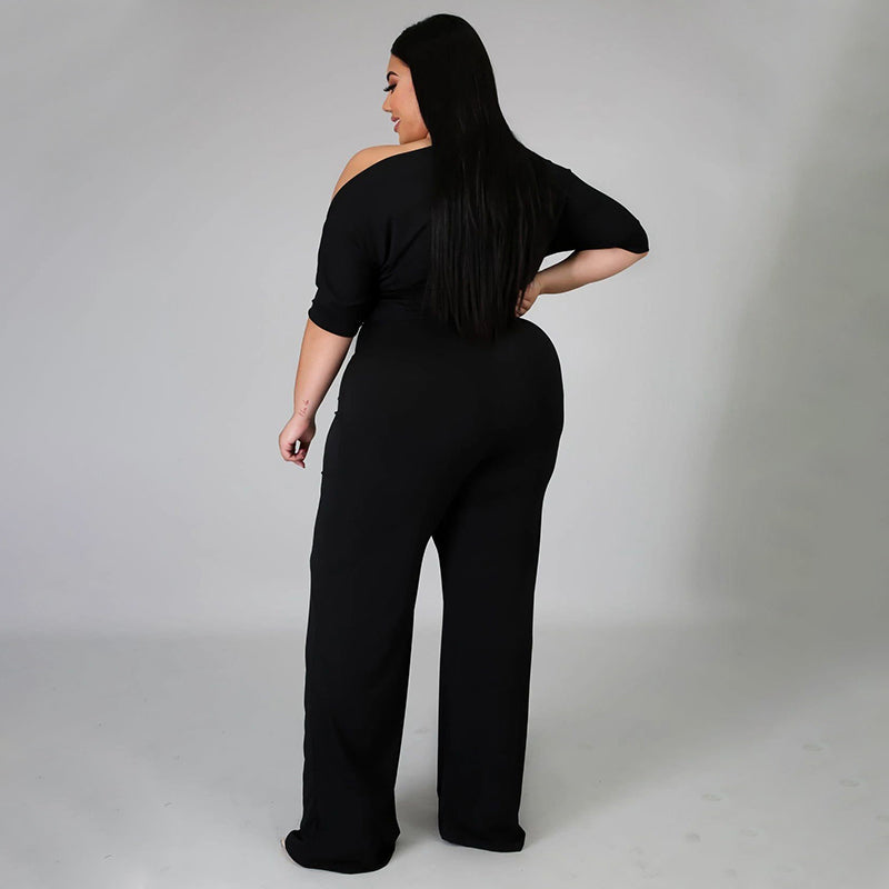 BamBam Plus Size Solid Plain Slash Shoulder Formal Jumpsuit - BamBam Clothing