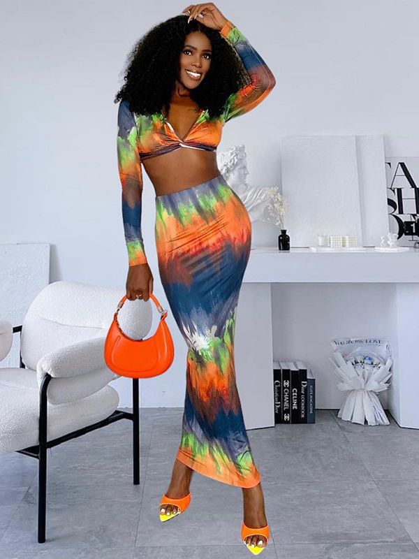 BamBam Fashion Gradient Print Sexy V-Neck Long Sleeve Top Bodycon Skirt Two-Piece Women's Set - BamBam